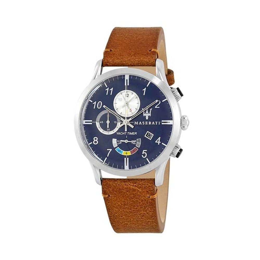 Maserati Ricordo Chronograph Blue Dial Brown Leather Mens Watch With Alarm Date Stopwatch - R8871625005